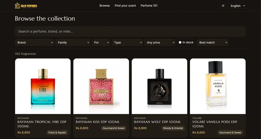 Browsing the guide, filtered by brand, scent family, price and what is in stock.