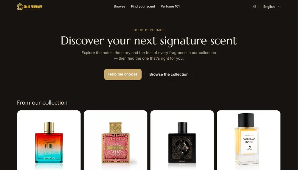 The Solid Perfumes Guide home screen.