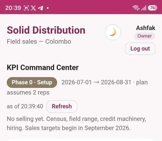 The KPI Command Center header, showing Phase 0 Setup, 1 July to 31 August 2026, and a note that selling and sales targets begin in September 2026.